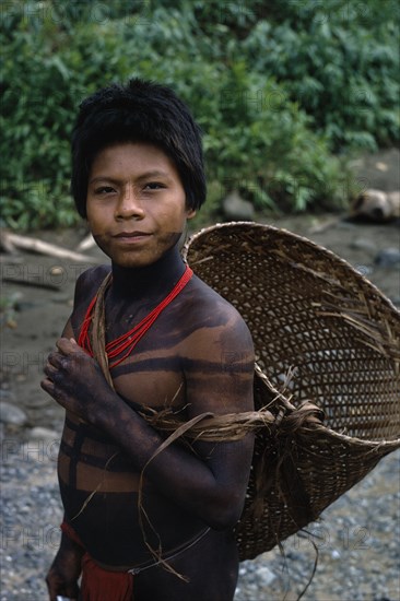 COLOMBIA, Choco, Embera Indigenous People, Portrait of young Embera with lower face and body painted with black dye extracted from the Jagua fruit wearing red glass bead necklace  returns from chagra family cultivation patch with manioc roots in woven cane basket . Pacific coastal region tribe body decoration American Colombian Colombia Hispanic Indegent Latin America Latino South America  Pacific coastal region tribe body decoration American Colombian Columbia Hispanic Indegent Latin America Latino South America Immature One individual Solo Lone Solitary 1 Single unitary Young Unripe Unripened Green