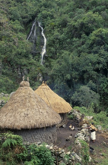 COLOMBIA, Sierra Nevada de Santa Marta, Ika, Ika kankurua/ temples in the lower Sierra  circular thatched buildings with sacred potsherds at apices of conical rooves  surrounded by stone wall  Ika man with chickens and pigs outside  small waterfall and dense semi-tropical vegetation behind. Arhuaco Aruaco indigenous tribe American Colombian Colombia Hispanic Indegent Latin America Latino Religion Scenic South America  Arhuaco Aruaco indigenous tribe American Colombian Columbia Hispanic Indegent Latin America Latino Religion Scenic South America Farming Agraian Agricultural Growing Husbandry  Land Producing Raising One individual Solo Lone Solitary Religious 1 Agriculture Male Men Guy Single unitary