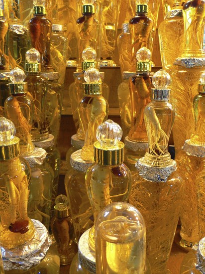 KOREA, South, Seoul, "Namdaemun market, ginseng root in glass jars"