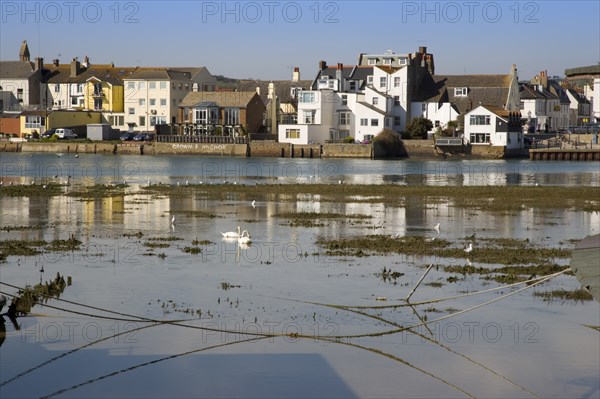 ENGLAND, West Sussex, Shoreham-by-Sea, View across the river Adur mud flats toward the won centre.