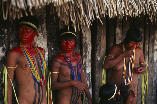 BRAZIL, Mato Grosso, Indigenous Park of the Xingu, Young Panara women applying red karajuru face and body paint in preparation for dance.  Wearing multi-strand bead necklaces and long strips of plant fibres tied around upper arms.  Formally known as Kreen-Akrore  Krenhakarore  Krenakore  Krenakarore  Amazon American Brasil Brazilian Female Woman Girl Lady Indegent Kreen Akore Latin America Latino South America Female Women Girl Lady Immature