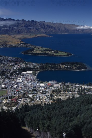 NEW ZEALAND, South Island, Queenstown, Aerial view over town on the shore of Lake Wakatipu.