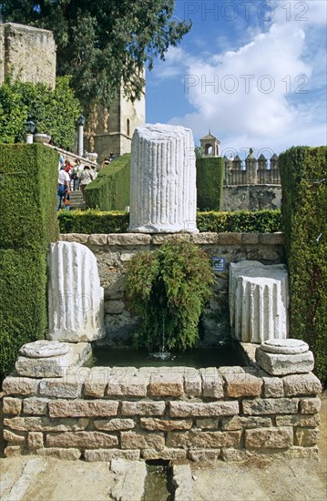 SPAIN, Andalucia, Cordoba, "Fortress of the Christian Kings, Fountain in the gardens of Alcazar de los Reyes Cristianos."