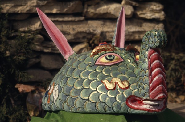 NEPAL, Annapurna Region, Larjung, Circuit Trek. Decorative painted animal totem representing The God of the Tulachan clan of the Thakalis during the Lha Phewa Festival