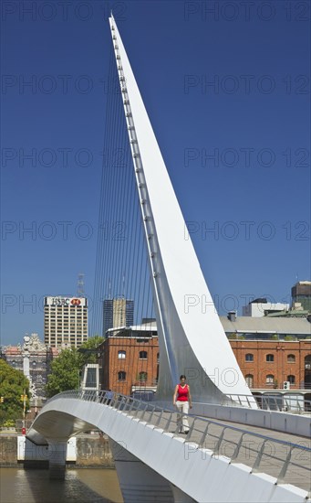 20091070 Puerto Madero  Puente Mujer. A Cantilever spar cable-stayed footbridge that is also swing bridge. Womans Bridge  American Argentinian Hispanic Latin America Latino South America  TransportDominant WhiteDominant BlueArchitectureUrbanRegion -