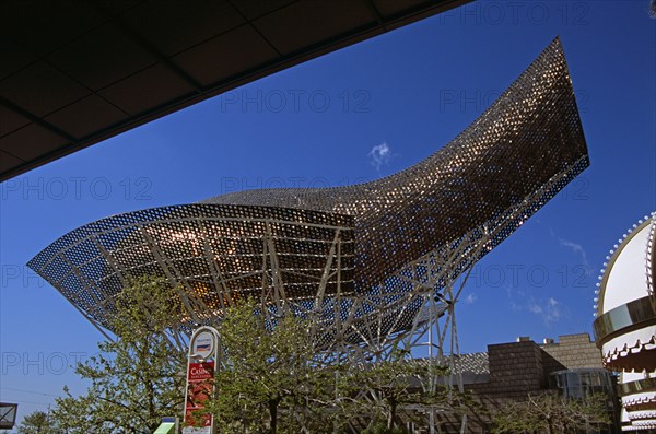 SPAIN, Catalonia, Barcelona, "Port Olimpic, Frank Gehry's bronze fish sculpture."