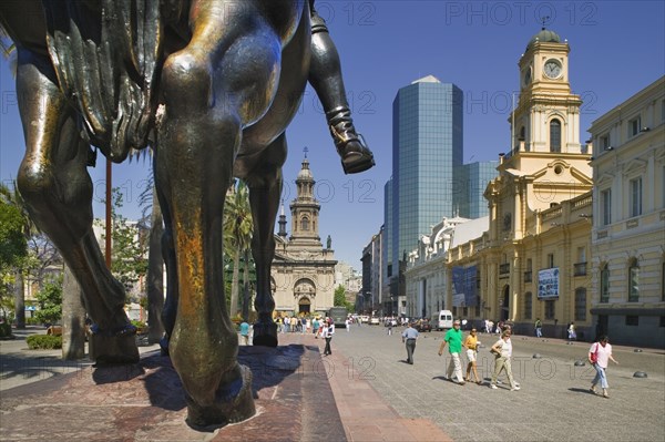 CHILE, Santiago, Close-up of the equestrian statue of Pedro de Valdivia in Plaza de Armas.