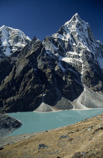 NEPAL, Everest Trek, Cholatse Cho, View down towards Cholatse Cho with mountains Tawachee on the left and Cholatse on the right