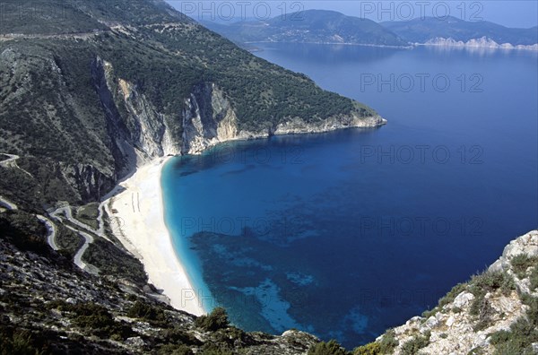 GREECE, Ionian Islands, Kefalonia, "Myrtos (Mirtos) Beach, from cliff top."