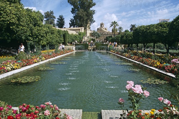 SPAIN, Andalucia, Cordoba, "Fortress of the Christian Kings, Pond in the gardens of Alcazar de los Reyes Cristianos."