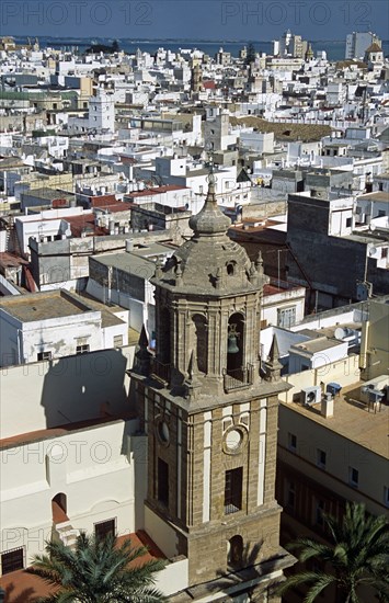 SPAIN, Andalucia, Cadiz, "Plaza de la Catedral, Bell tower, Santiago Church and a view of Cadiz city from Cadiz Cathedral."