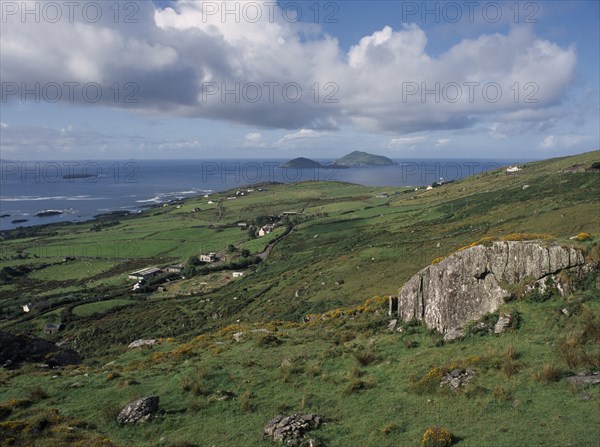 IRELAND, County Kerry, Ring of Kerry, "Scattered houses and farm buildings in green, coastal landscape near Ballybrack with outcrops of rock amongst yellow gorse in foreground."