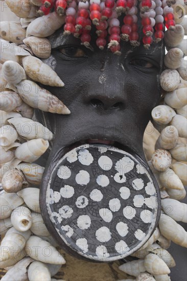 ETHIOPIA, South Omo Valley, Mursi Tribe, Woman with lip plate.