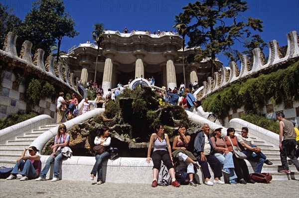 SPAIN, Catalonia, Barcelona, "Park Guell. Tourists inside entrance, Guell Park."