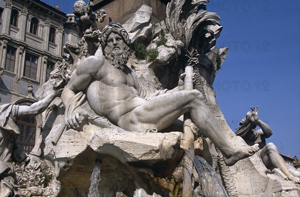 ITALY, Lazio, Rome, "Piazza Navona, Fontana dei Quattro Fiumi detail."