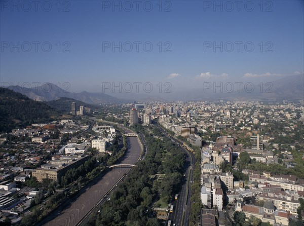 CHILE, Metropolitana de Santiago, Santiago, View across New Town including Providencia area towards the Andes from the CTC Tower.