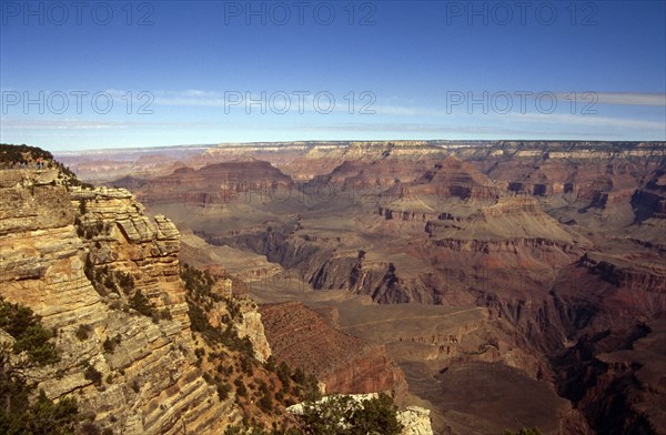 USA, Arizona, Grand Canyon, View over the deep gulleys exposed as the Colorado River and its tributaries cut their channels through layer after layer of rock .