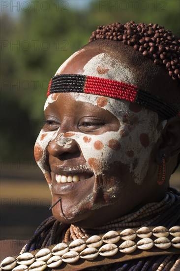 ETHIOPIA, Lower Omo Valley, Mago National Park, Karo woman with face painting.