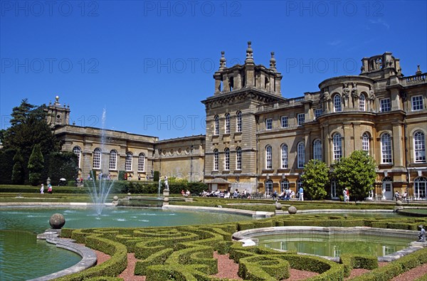 ENGLAND, Oxfordshire, Woodstock, "Blenheim Palace. Fountain, garden and visitors in upper water terrace."