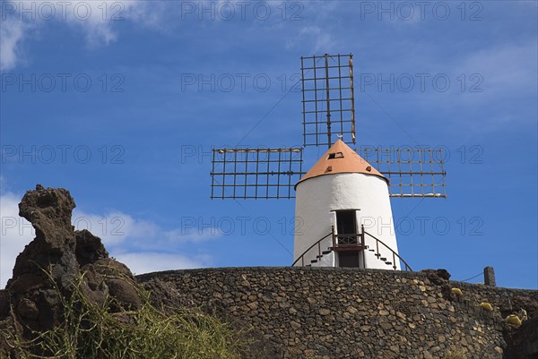 SPAIN, Canary  Islands, Lanzarote, Jardin de Cactus.  Restored windmill in garden in former volcanic quarry designed by Cesar Manrique.