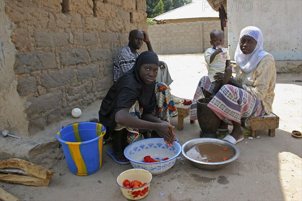 GAMBIA, Western Gambia, Tanji, Man sitting in shade in yard outside his house in the company of two of his wives who are taking care of a child while washing and smashing tomatoes to be used in the family's meal