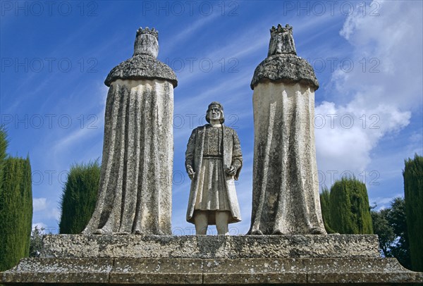 SPAIN, Andalucia, Cordoba, "Alcazar de los Reyes Cristianos, Statue of Christopher Columbus, King Ferdinand and Queen Isabella,."