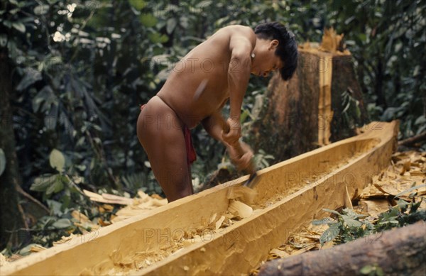 COLOMBIA, Choco, Embera Indigenous People, "Hueso, an Embera man, uses an axe/adze to hollow out and shape a family canoe.Pacific coastal region,piragua, tribe"