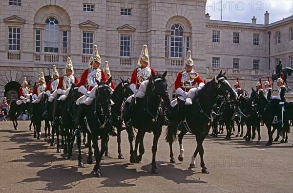 ENGLAND, London, "Whitehall, horse guards on horses, changing of the guard, Horse Guards Parade."