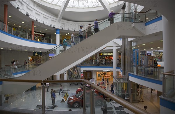 ENGLAND, East Sussex, Brighton, "Interior of Churchill Square shopping centre mall, showing elevators, escalators and lifts."