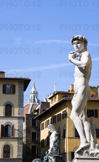 ITALY, Tuscany, Florence, The copy of the statue of David by Michelangelo in the Piazza della Signoria outside the Palazzo Vecchio with Ammannati's statue of Neptune and the Duomo in the distance