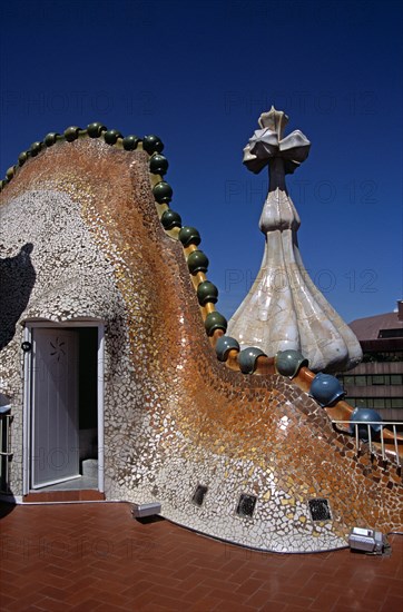 SPAIN, Catalonia, Barcelona, "Passeig de Gracia, Dragon's back roof and Saint George cross, Casa Batllo. Gaudi"