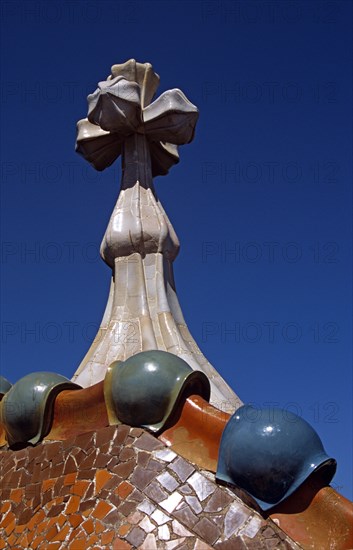 SPAIN, Catalonia, Barcelona, "Passeig de Gracia, Casa Batllo, Dragon's back roof and Saint George cross. Gaudi"