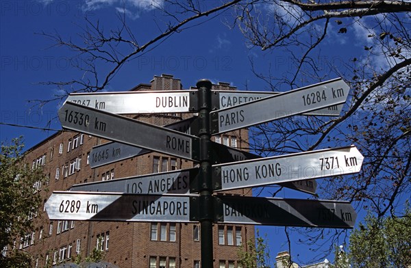 AUSTRALIA, New South Wales, Sydney, "Country and city destination distance sign beside El Alamein Fountain, near Kings Cross."