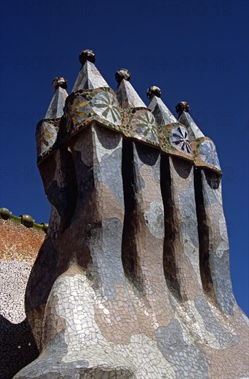 SPAIN, Catalonia, Barcelona, "Passeig de Gracia, Casa Batllo, Ornate chimneys. Gaudi"