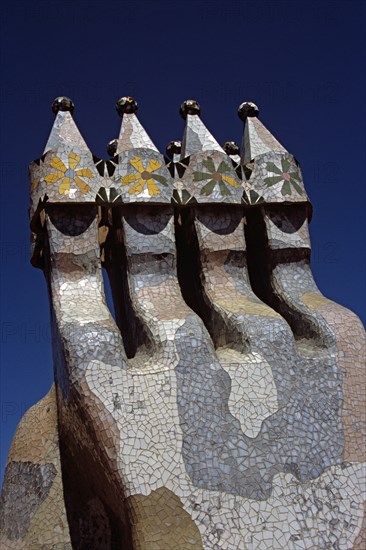 SPAIN, Catalonia, Barcelona, "Passeig de Gracia, Casa Batllo, Ornate chimneys. Gaudi"