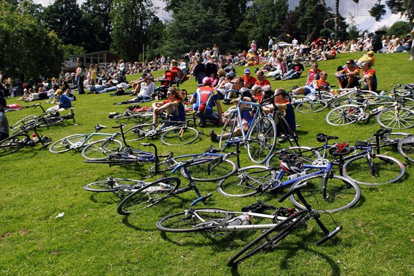 SPORT, Cycling, Road, "Tour de France Kent stage 2007, bike left in park as people view the passing riders on a large screen."