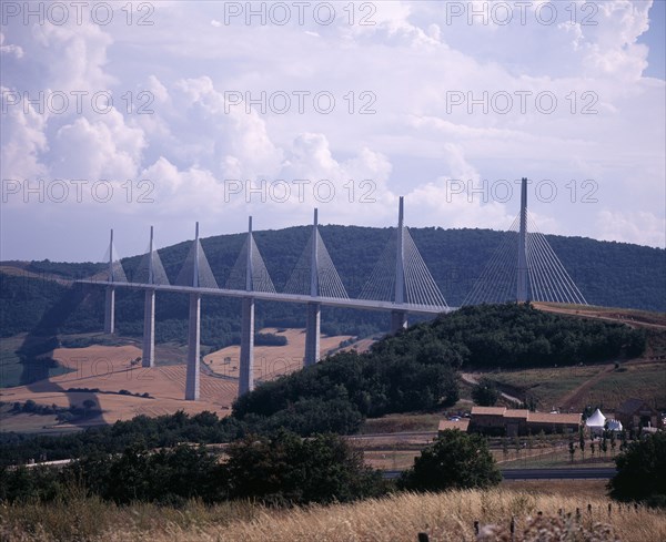 FRANCE, Midi-Pyrenees, Aveyron, Millau bridge which spans the Tarn River Valley and carries the A75 motorway linking Beziers in the south with Clermont Ferrand in the north.