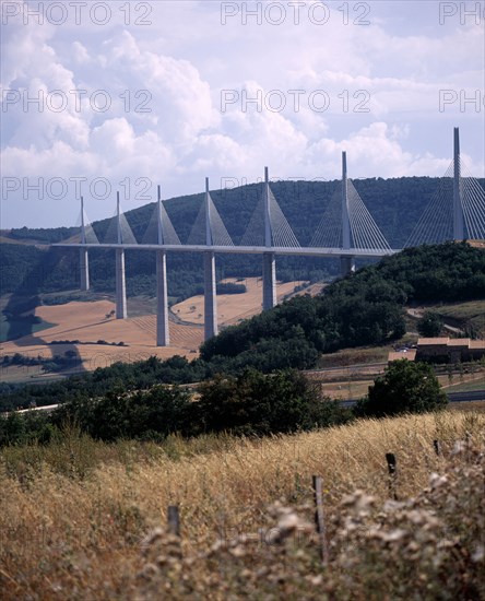 FRANCE, Midi Pyrenees, Aveyron, North end of the Millau bridge crossing the Tarn Valley carrying the A75 motorway linking Beziers in the south with Clermont Ferrand in the north.