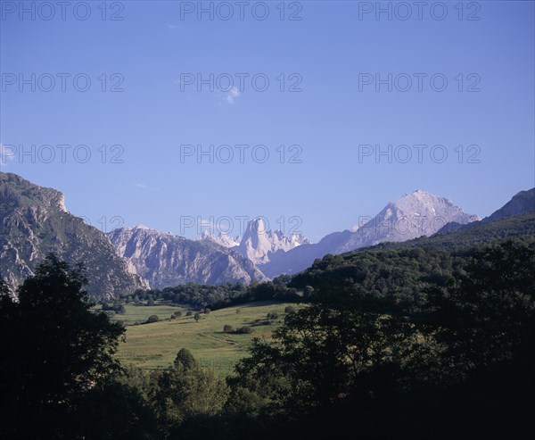 SPAIN, Asturias, Picos de Europa, Urrieles mountain group or Central Massif with central rock pillar of Picu Urrielu 2519 m / 8252 ft seen from the north.  Pasture land and trees in central foreground.