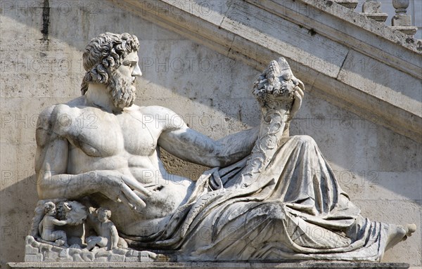 ITALY, Lazio, Rome, "Statue representing the River Tiber remodelled from a statue representing the River Tigris from Emperor Constantine's bath on the Quirnal at the front of the Palazzo Senatorio, now the City Hall, in Piazza del Campidoglio"