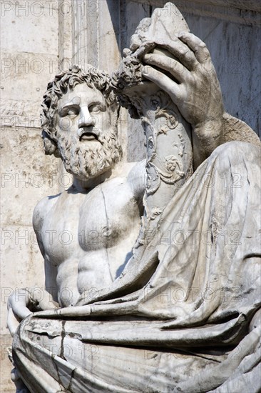 ITALY, Lazio, Rome, "Statue representing the River Tiber remodelled from a statue representing the River Tigris from Emperor Constantine's bath on the Quirnal at the front of the Palazzo Senatorio, now the City Hall, in Piazza del Campidoglio"