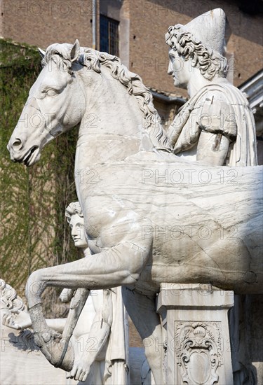 ITALY, Lazio, Rome, The restored classical statues of the Dioscuri Castor and Pollux at the top of the Cordonata on the Capitoline