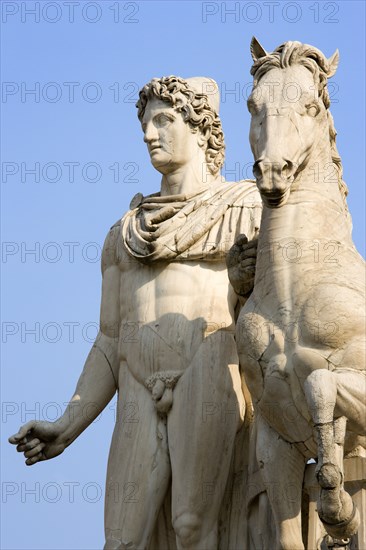 ITALY, Lazio, Rome, One of the restored classical statues of the Dioscuri Castor and Pollux at the top of the Cordonata on the Capitoline