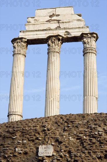 ITALY, Lazio, Rome, The three remaining Corinthian columns of the Temple of Castor and Pollux in the Forum