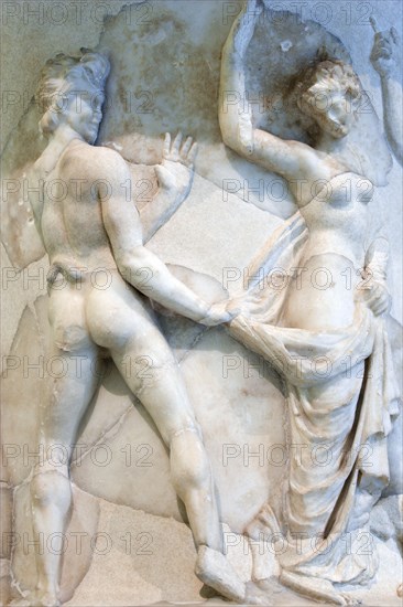 ITALY, Lazio, Rome, Capitoline Museum Palazzo Dei Conservatore Detail of relief of dancing naked man and woman on a marble urn