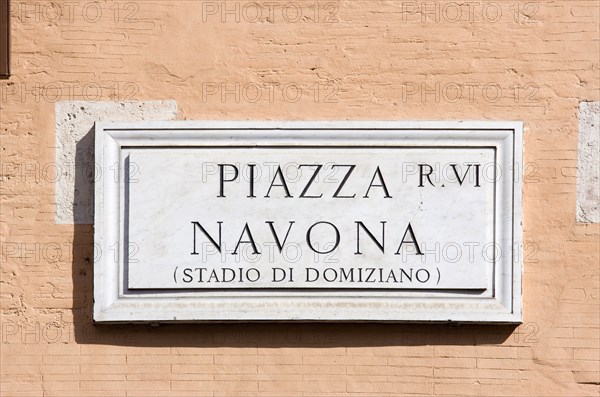 ITALY, Lazio, Rome, Wall street sign for Piazza Navona once the Stadium of Domitian