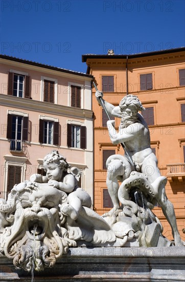 ITALY, Lazio, Rome, Piazza Navona The Fontana di Nettuno or Fountain of Neptune with the central figure of the sea god Neptune fighting an octopus