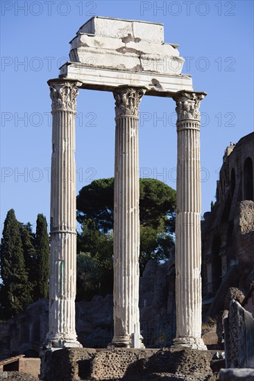 ITALY, Lazio, Rome, The three remaining Corinthian columns of the Temple of Castor and Pollux in the Forum