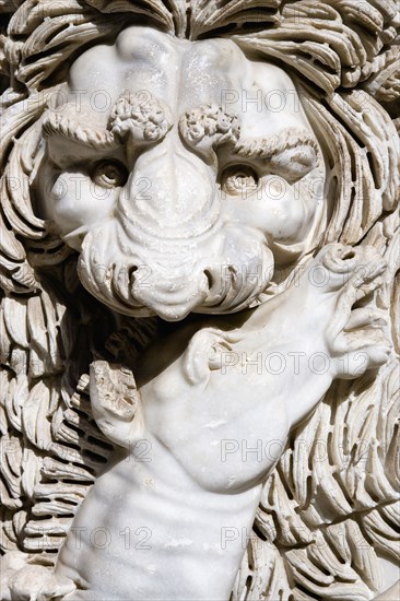 ITALY, Lazio, Rome, Vatican City Museums Detail of a marble sarcophagus in the Octagonal Courtyard of the Belvedere Palace depicting a male lion eating a horse