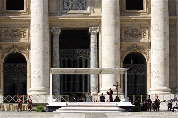 ITALY, Lazio, Rome, Vatican City Pope Benedict XVI under a canopy during an audience in Piazza San Pietro in front of the Basilica of Saint Peter